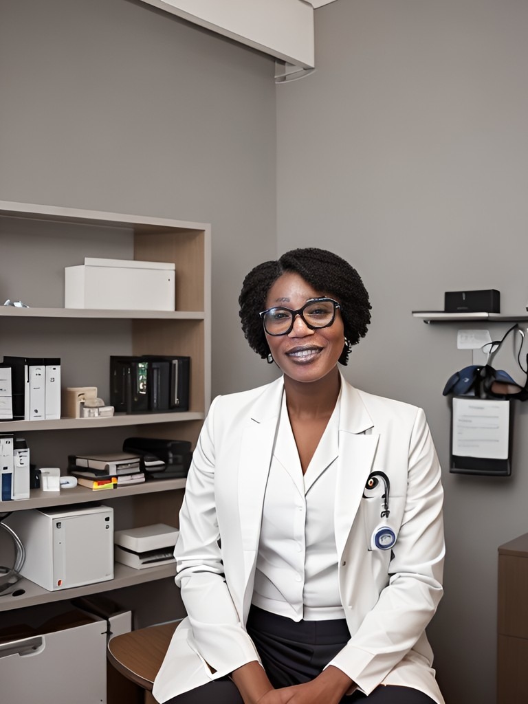 A smiling female medical professional wearing a white coat and stethoscope, seated in a modern clinical office setting.